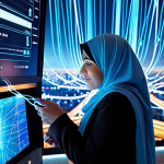**

A futuristic cityscape with glowing fiber optic cables crisscrossing the sky, representing quantum key distribution. In the foreground, a person wearing a hijab is securely making an online banking transaction on a holographic display. The overall feel should be high-tech and secure.

**