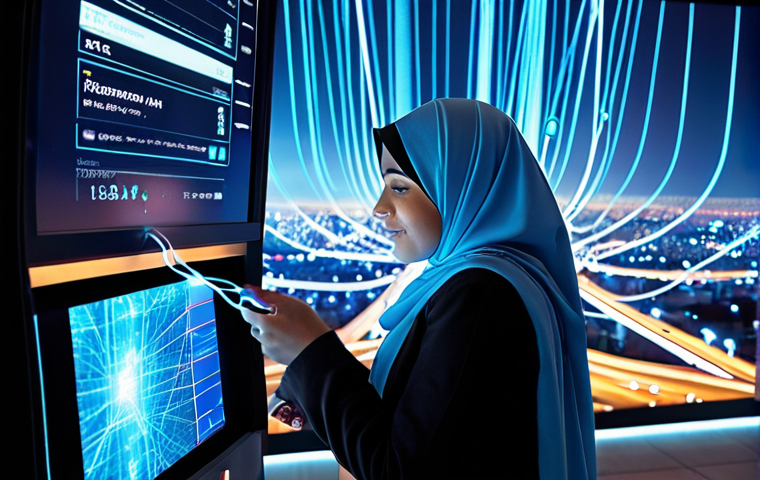 **
A futuristic cityscape with glowing fiber optic cables crisscrossing the sky, representing quantum key distribution. In the foreground, a person wearing a hijab is securely making an online banking transaction on a holographic display. The overall feel should be high-tech and secure.
**