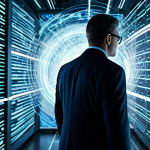 A high-tech, abstract representation of digital data streams, glowing securely within a protected network. In the background, a subtle, swirling quantum energy anomaly, representing a quantum computing threat, appears to challenge the existing security. In the foreground, a professional cybersecurity analyst, fully clothed in a modest business suit, stands observing the data on a large transparent screen, conveying vigilance and the impending shift. The setting is a clean, futuristic data center with soft, diffused lighting. perfect anatomy, correct proportions, natural pose, well-formed hands, proper finger count, natural body proportions, professional photography, cinematic lighting, high quality, safe for work, appropriate content, fully clothed, professional, modest.