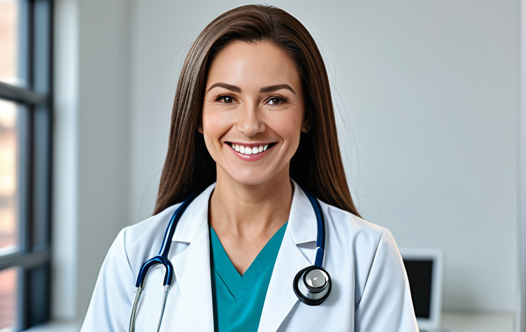 **

"A professional female doctor in a clean, modern hospital office, fully clothed in a modest lab coat and scrubs, appropriate attire, smiling gently, safe for work, perfect anatomy, correct proportions, natural pose, professional medical photography, high quality, family-friendly."

**
