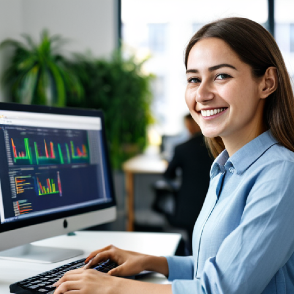 **
"A female software engineer in a modern, brightly lit office, wearing a modest business casual outfit (fully clothed). She is smiling and looking at a computer screen with code displayed. The background includes other colleagues working and blurred office plants. Professional, safe for work, appropriate content, perfect anatomy, natural pose, high quality, well-formed hands."
**