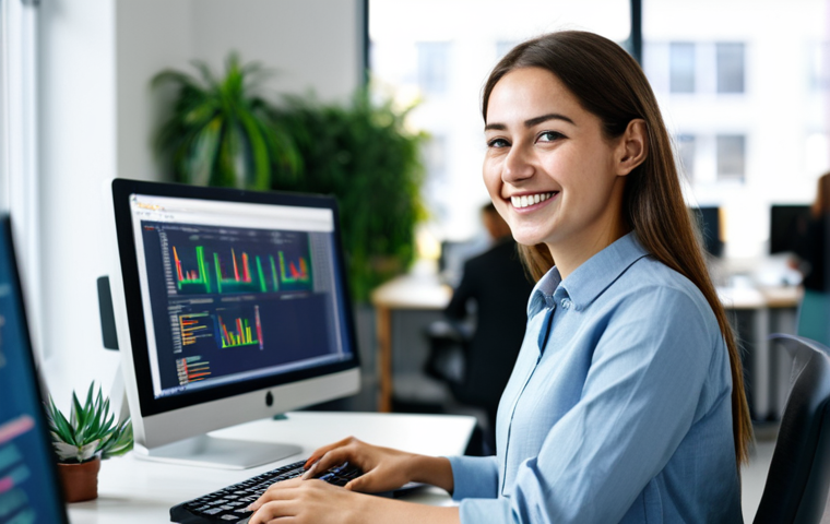 **
"A female software engineer in a modern, brightly lit office, wearing a modest business casual outfit (fully clothed). She is smiling and looking at a computer screen with code displayed. The background includes other colleagues working and blurred office plants. Professional, safe for work, appropriate content, perfect anatomy, natural pose, high quality, well-formed hands."
**