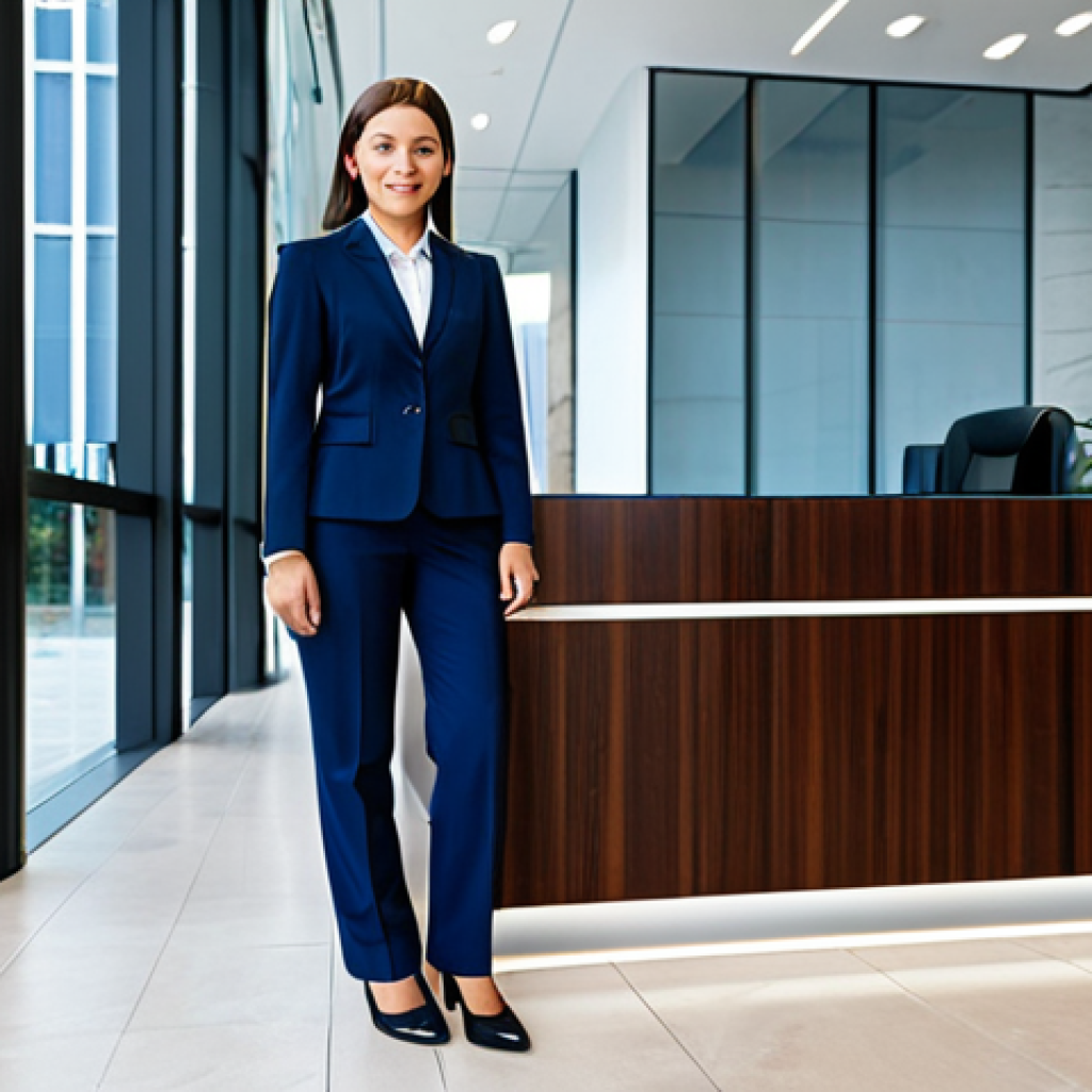 **
A professional businesswoman in a modest, dark blue business suit, standing confidently in a modern office lobby with glass walls and a reception desk. Fully clothed, appropriate attire. Safe for work, perfect anatomy, natural proportions, professional corporate photography, high quality.
**