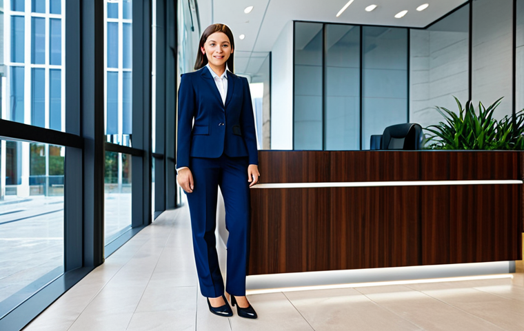 **
A professional businesswoman in a modest, dark blue business suit, standing confidently in a modern office lobby with glass walls and a reception desk. Fully clothed, appropriate attire. Safe for work, perfect anatomy, natural proportions, professional corporate photography, high quality.
**