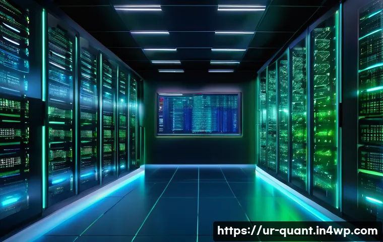 양자 보안 기술의 활용 분야 분석 - A modern financial institution’s secure quantum cryptography data center, featuring futuristic quant...
