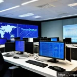 Home 20 양자 보안 기술의 비즈니스 적용 사례 - A high-tech corporate office environment in Karachi, Pakistan, featuring diverse business profession...