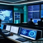 Home 19 양자 보안 기술의 윤리적 고려사항 - A futuristic digital security control room in a large urban setting inspired by Karachi, Pakistan, s...