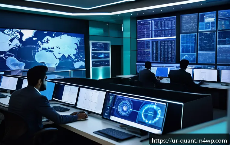 양자 보안 기술의 윤리적 고려사항 - A futuristic digital security control room in a large urban setting inspired by Karachi, Pakistan, s...